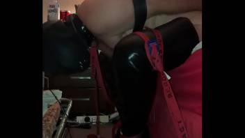 Handcuffed guy, orgasm, wearing boots, nipple clamps and rubber hood