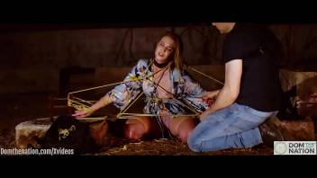 Slim blonde beauty gets tied up gagged and has her breasts and nipples hurt while she slobbers into the dirt - real hard bondage and domination outdoors for Ashley Lane at Domthenation